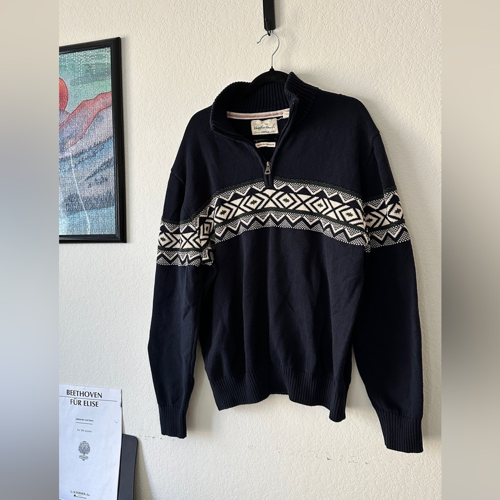 WEATHERPROOF VINTAGE NORDIC FAIR ISLE QUARTER ZIP SWEATER XXL NAVY CREAM MENS